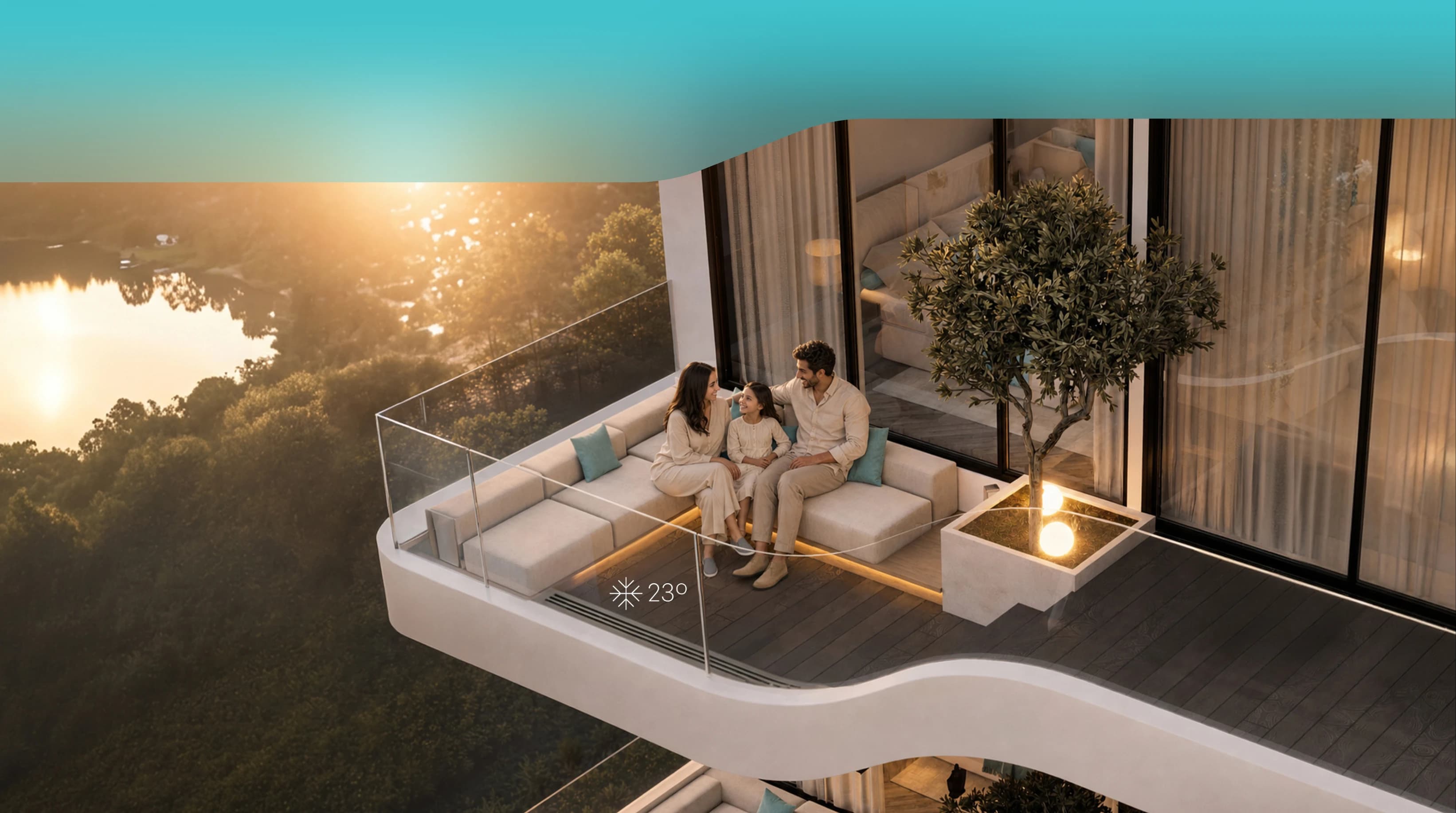 A couple relaxing on a REEF outdoor-cooled sunken balcony overlooking a forest